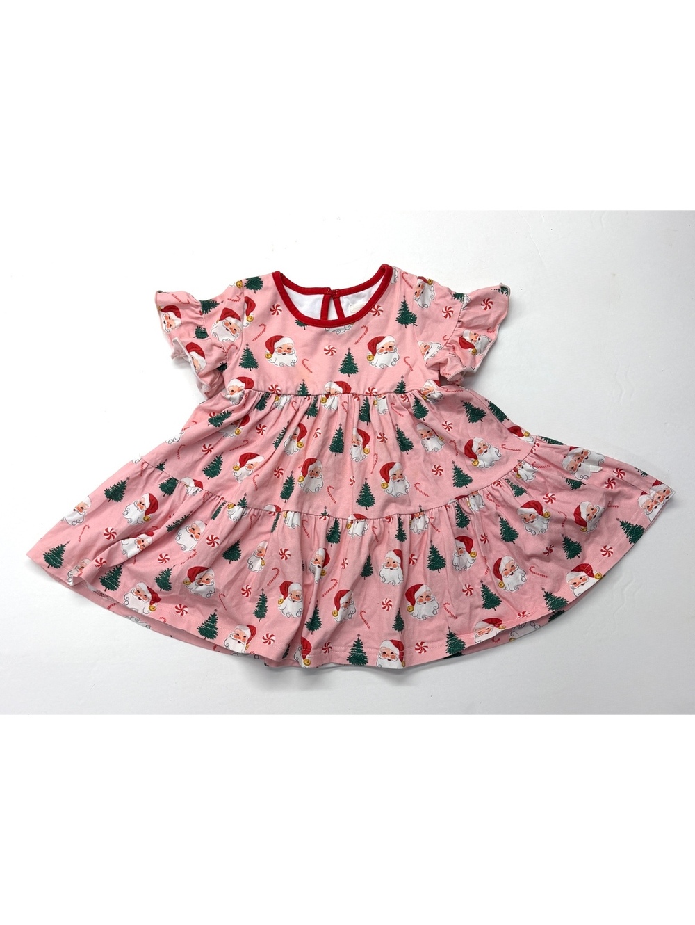 Charming Mary Girls Pink Christmas Dress Ruffle Santa Tree Print